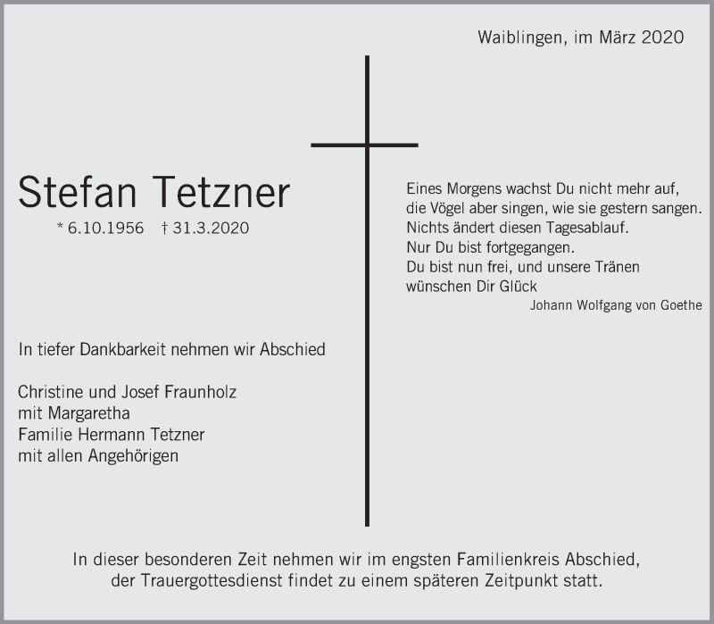  Traueranzeige für Stefan Tetzner vom 04.04.2020 aus Waiblinger Kreiszeitung