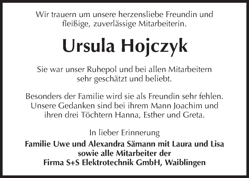  Traueranzeige für Ursula Hojczyk vom 09.04.2020 aus Waiblinger Kreiszeitung