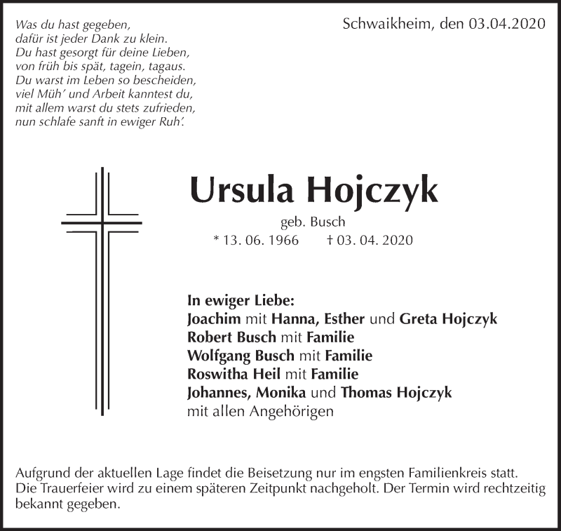  Traueranzeige für Ursula Hojczyk vom 08.04.2020 aus Waiblinger Kreiszeitung