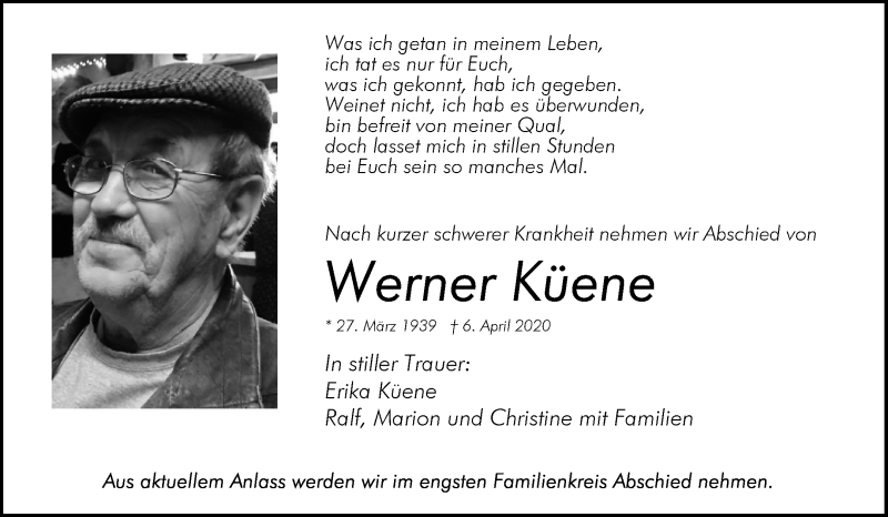  Traueranzeige für Werner Küene vom 09.04.2020 aus Waiblinger Kreiszeitung