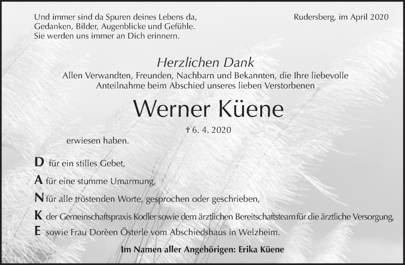  Traueranzeige für Werner Küene vom 18.04.2020 aus Waiblinger Kreiszeitung