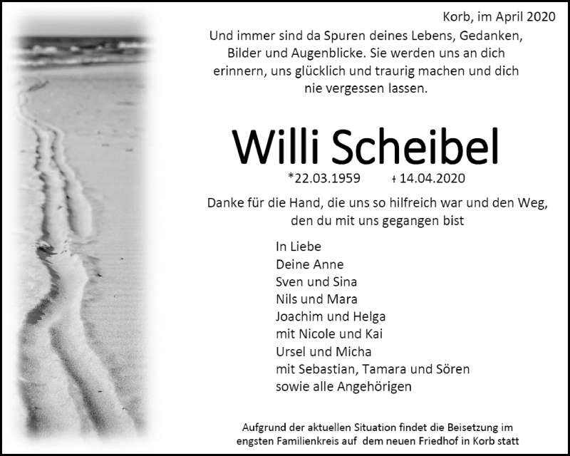  Traueranzeige für Willi Scheibel vom 21.04.2020 aus Waiblinger Kreiszeitung