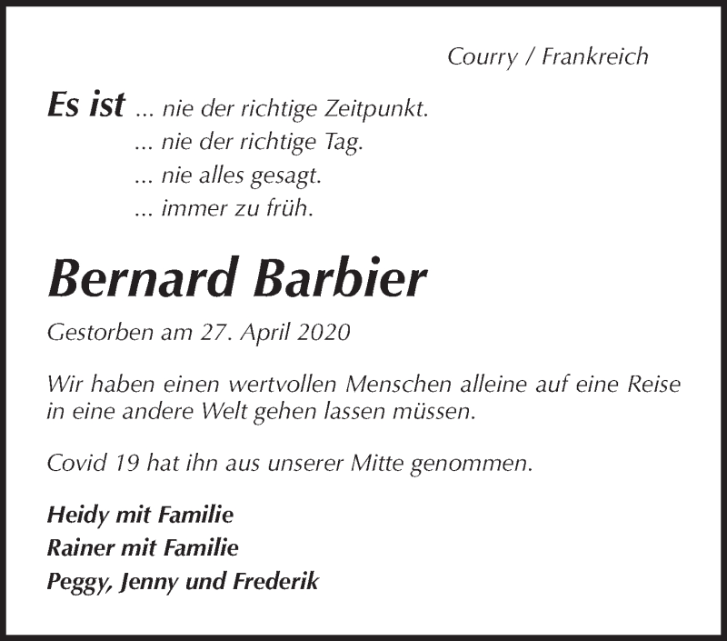  Traueranzeige für Bernard Barbier vom 05.05.2020 aus Waiblinger Kreiszeitung