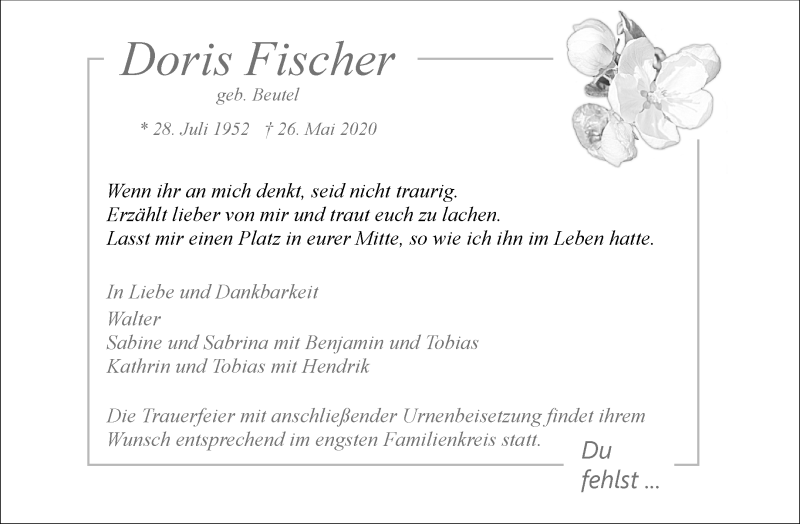  Traueranzeige für Doris Fischer vom 30.05.2020 aus Waiblinger Kreiszeitung