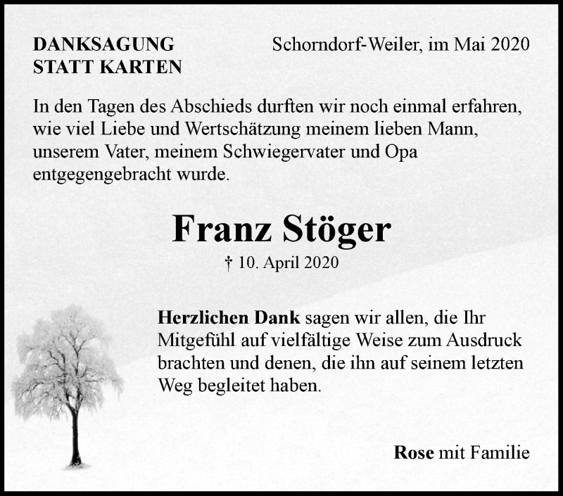  Traueranzeige für Franz Stöger vom 23.05.2020 aus Waiblinger Kreiszeitung