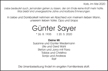 Traueranzeige von Günter Sayer von Waiblinger Kreiszeitung