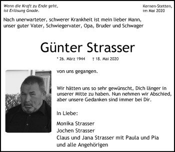 Traueranzeige von Günter Strasser von Waiblinger Kreiszeitung