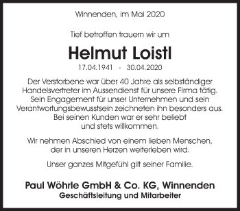 Traueranzeige von Helmut Loistl von Waiblinger Kreiszeitung