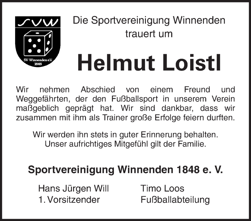  Traueranzeige für Helmut Loistl vom 08.05.2020 aus Waiblinger Kreiszeitung