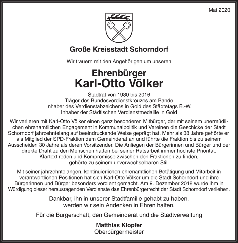  Traueranzeige für Karl-Otto Völker vom 12.05.2020 aus Waiblinger Kreiszeitung