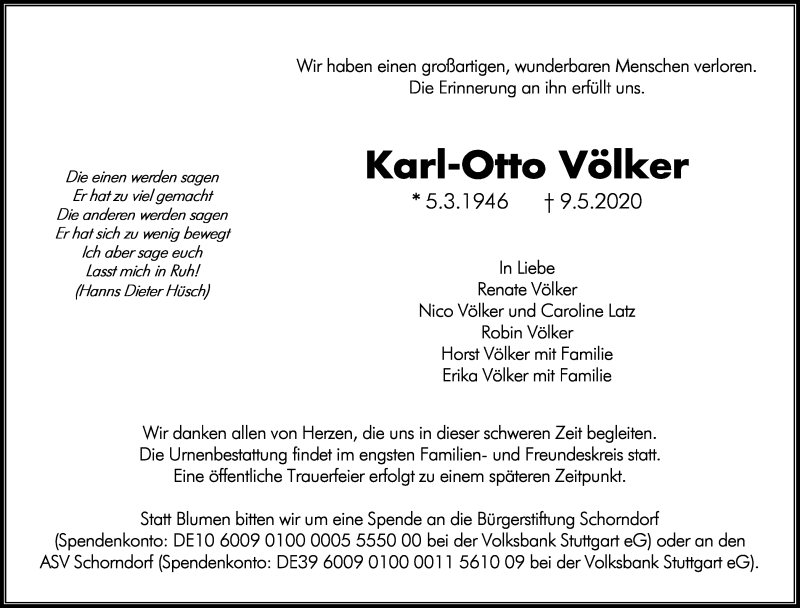  Traueranzeige für Karl-Otto Völker vom 12.05.2020 aus Waiblinger Kreiszeitung