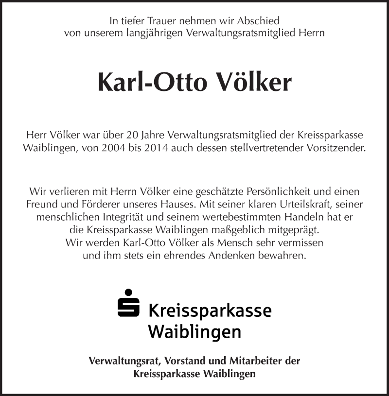 Traueranzeige für Karl-Otto Völker vom 12.05.2020 aus Waiblinger Kreiszeitung