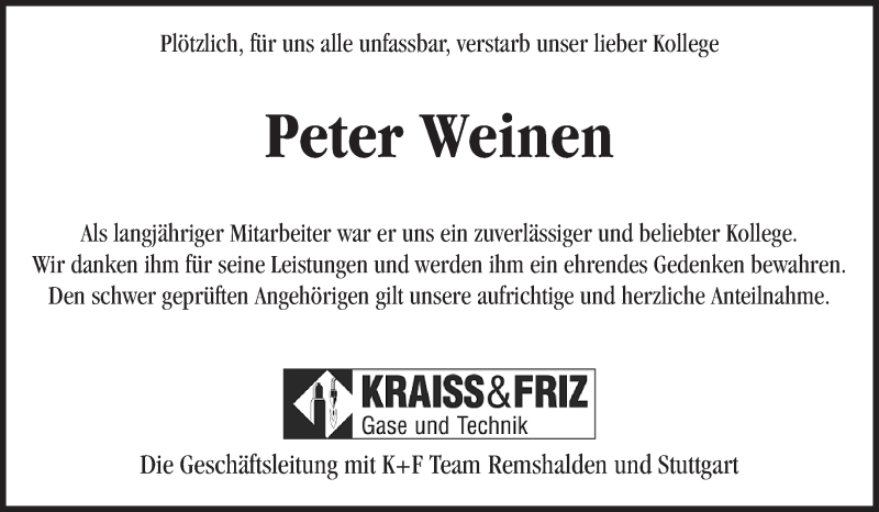  Traueranzeige für Peter Weinen vom 30.05.2020 aus Waiblinger Kreiszeitung