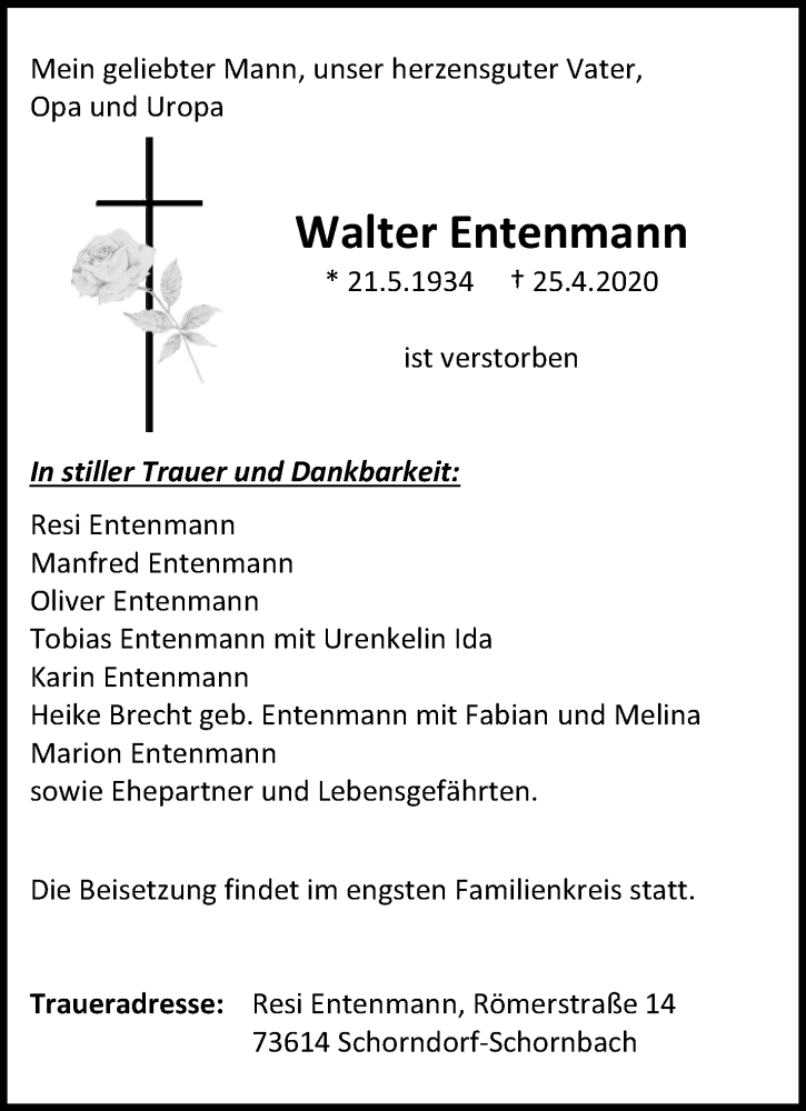  Traueranzeige für Walter Entenmann vom 05.05.2020 aus Waiblinger Kreiszeitung