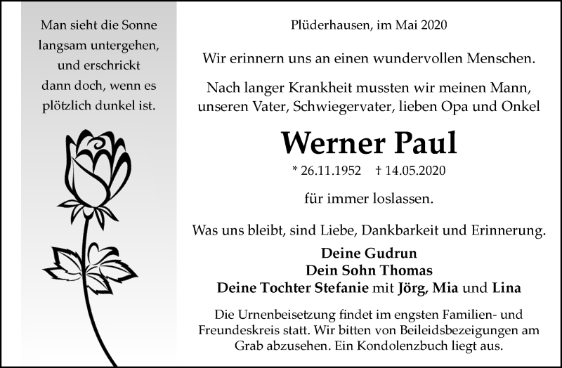  Traueranzeige für Werner Paul vom 19.05.2020 aus Waiblinger Kreiszeitung