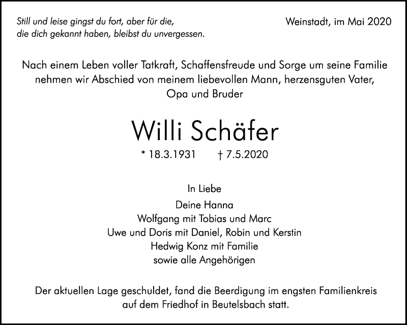  Traueranzeige für Willi Schäfer vom 16.05.2020 aus Waiblinger Kreiszeitung
