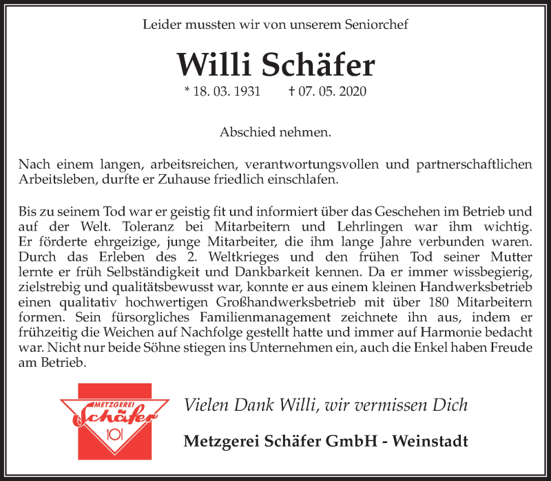  Traueranzeige für Willi Schäfer vom 19.05.2020 aus Waiblinger Kreiszeitung
