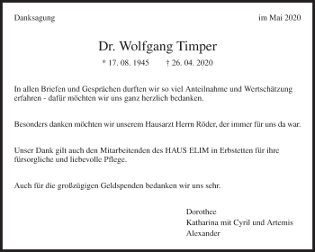 Traueranzeige von Wolfgang Timper von Waiblinger Kreiszeitung