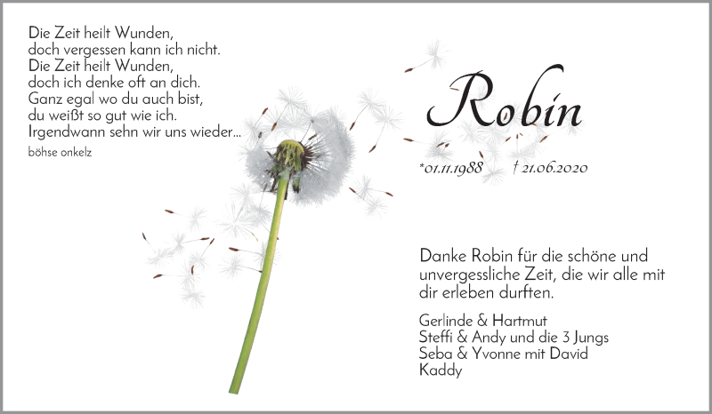  Traueranzeige für Robin Bobowski vom 27.06.2020 aus Waiblinger Kreiszeitung