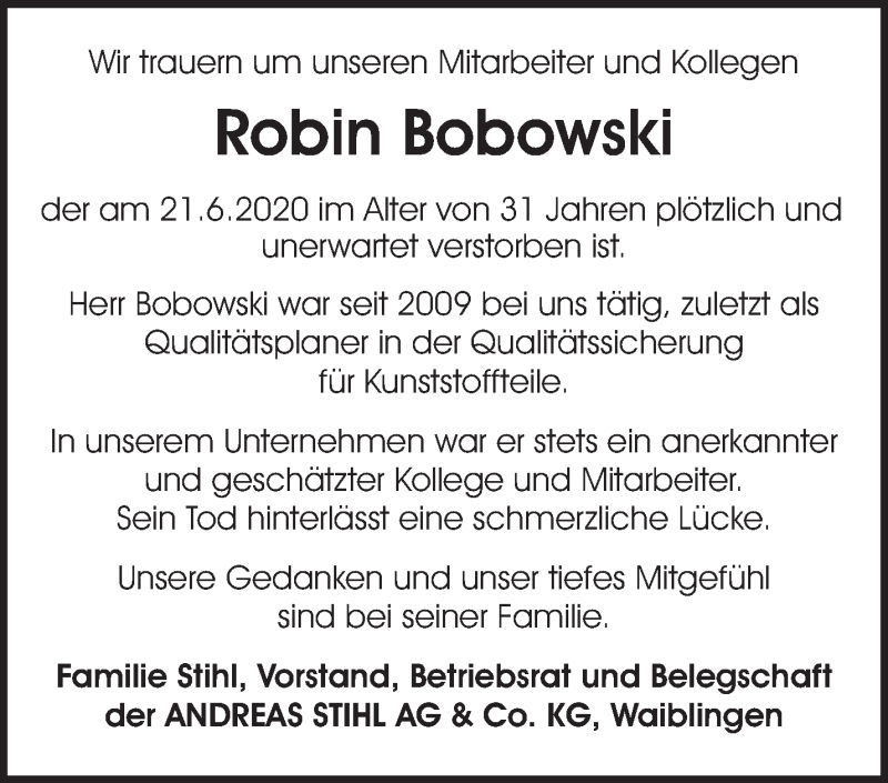  Traueranzeige für Robin Bobowski vom 30.06.2020 aus Waiblinger Kreiszeitung
