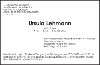 Traueranzeige von Ursula Lehmann von Waiblinger Kreiszeitung
