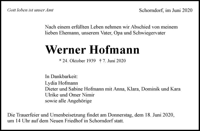  Traueranzeige für Werner Hofmann vom 15.06.2020 aus Waiblinger Kreiszeitung