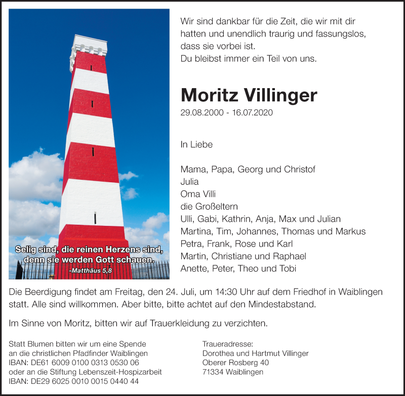  Traueranzeige für Moritz Villinger vom 21.07.2020 aus Waiblinger Kreiszeitung