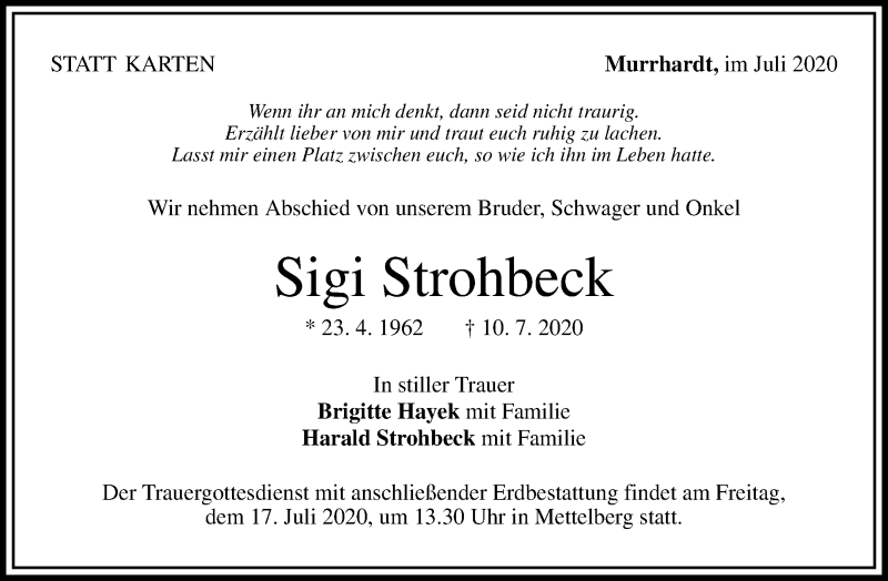  Traueranzeige für Sigi Strohbeck vom 14.07.2020 aus Waiblinger Kreiszeitung