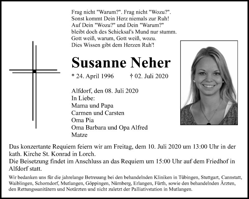  Traueranzeige für Susanne Neher vom 08.07.2020 aus Waiblinger Kreiszeitung