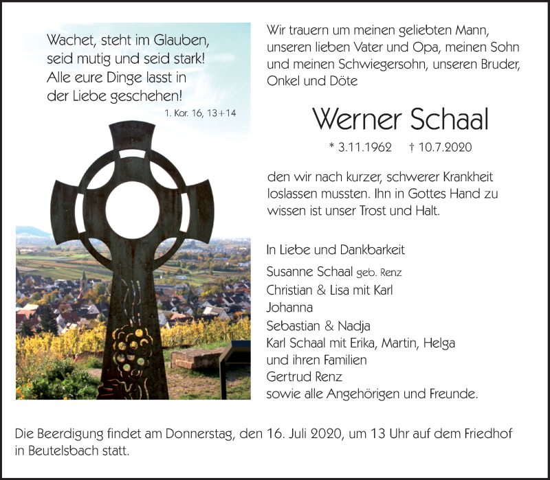  Traueranzeige für Werner Schaal vom 13.07.2020 aus Waiblinger Kreiszeitung