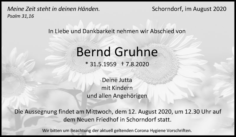  Traueranzeige für Bernd Gruhne vom 11.08.2020 aus Waiblinger Kreiszeitung