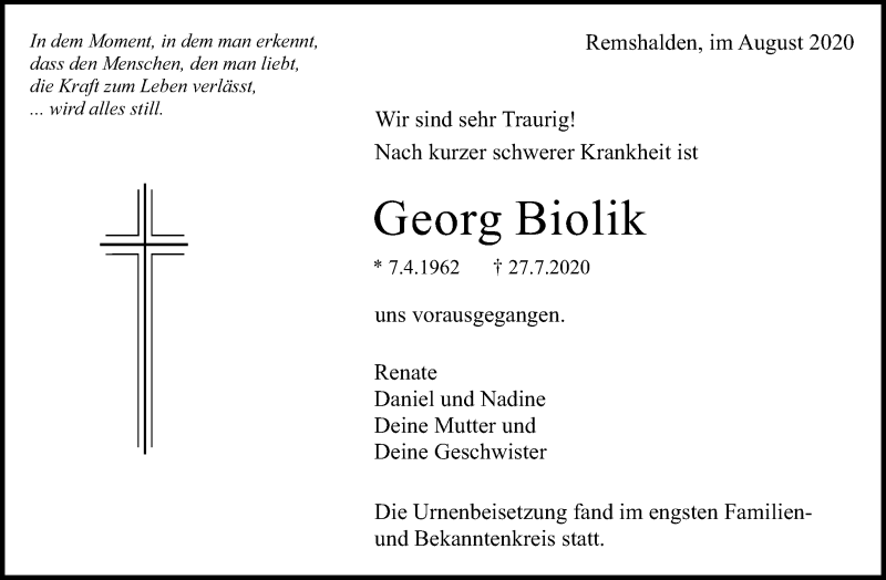  Traueranzeige für Georg Biolik vom 14.08.2020 aus Waiblinger Kreiszeitung