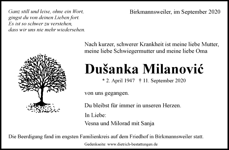  Traueranzeige für Dušanka Milanovic vom 16.09.2020 aus Waiblinger Kreiszeitung
