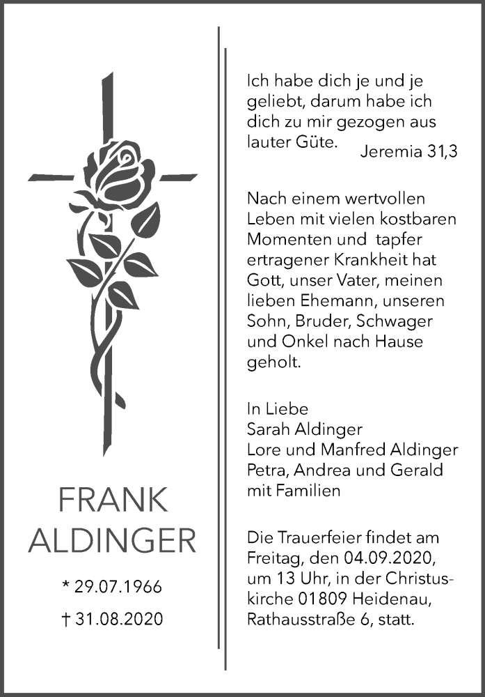  Traueranzeige für Frank Aldinger vom 02.09.2020 aus Waiblinger Kreiszeitung