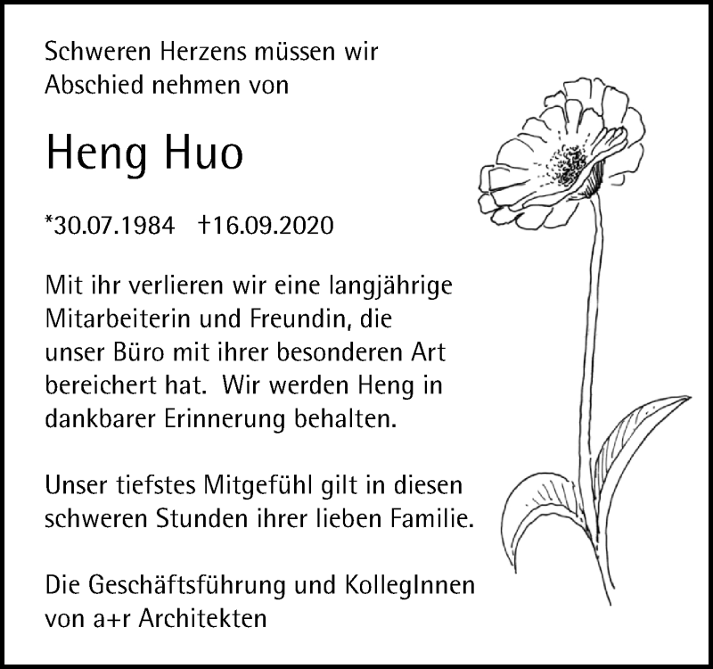  Traueranzeige für Heng Huo vom 19.09.2020 aus Waiblinger Kreiszeitung