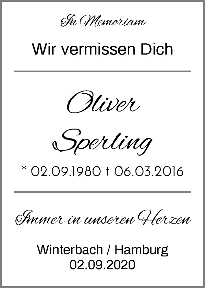  Traueranzeige für Oliver Sperling vom 02.09.2020 aus Waiblinger Kreiszeitung