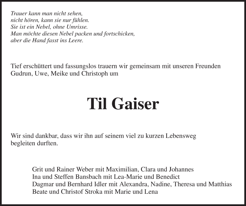  Traueranzeige für Til Gaiser vom 23.09.2020 aus Waiblinger Kreiszeitung