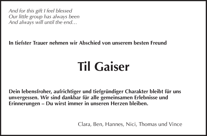  Traueranzeige für Til Gaiser vom 23.09.2020 aus Waiblinger Kreiszeitung