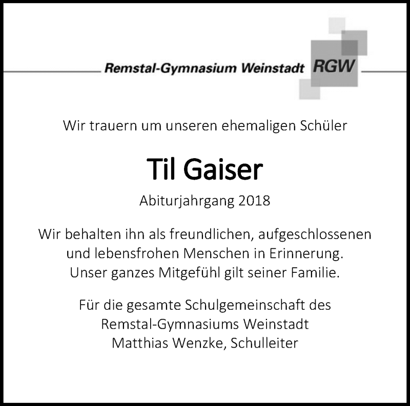  Traueranzeige für Til Gaiser vom 25.09.2020 aus Waiblinger Kreiszeitung