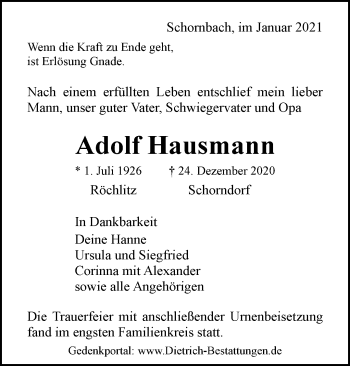 Traueranzeige von Adolf Hausmann von Waiblinger Kreiszeitung