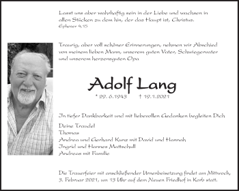 Traueranzeige von Adolf Lang von Waiblinger Kreiszeitung