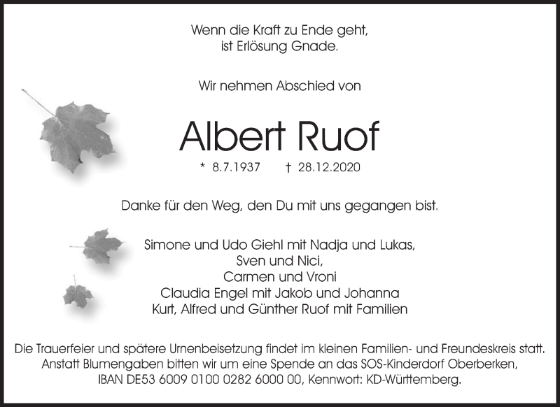  Traueranzeige für Albert Ruof vom 02.01.2021 aus Waiblinger Kreiszeitung