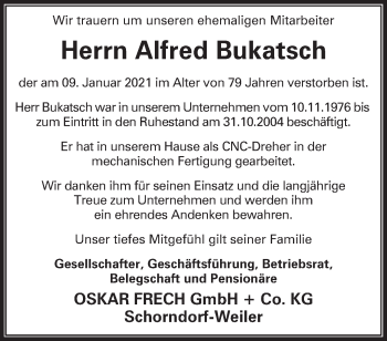 Traueranzeige von Alfred Bukatsch von Waiblinger Kreiszeitung