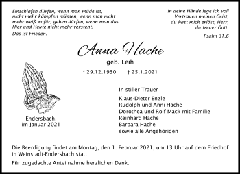 Traueranzeige von Anna Hache von Waiblinger Kreiszeitung