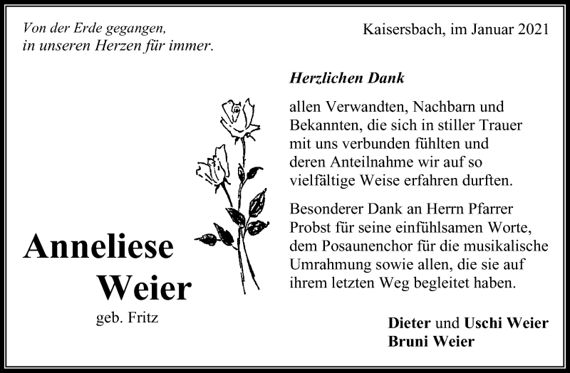  Traueranzeige für Anneliese Weier vom 16.01.2021 aus Waiblinger Kreiszeitung