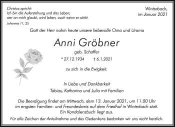 Traueranzeige von Anni Gröbner von Waiblinger Kreiszeitung