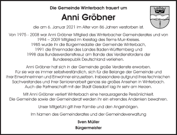 Traueranzeige von Anni Gröbner von Waiblinger Kreiszeitung