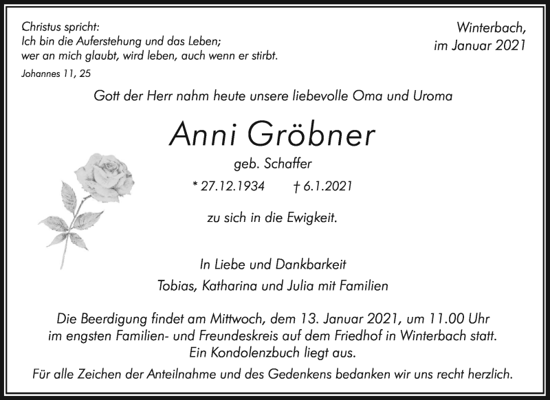  Traueranzeige für Anni Gröbner vom 09.01.2021 aus Waiblinger Kreiszeitung