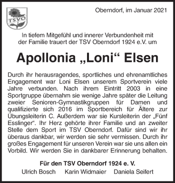 Traueranzeige von Apollonia Elsen von Waiblinger Kreiszeitung