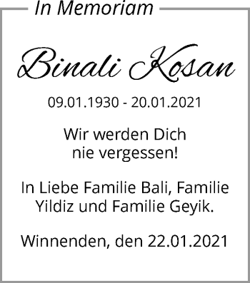 Traueranzeige von Binali Kosan von Waiblinger Kreiszeitung
